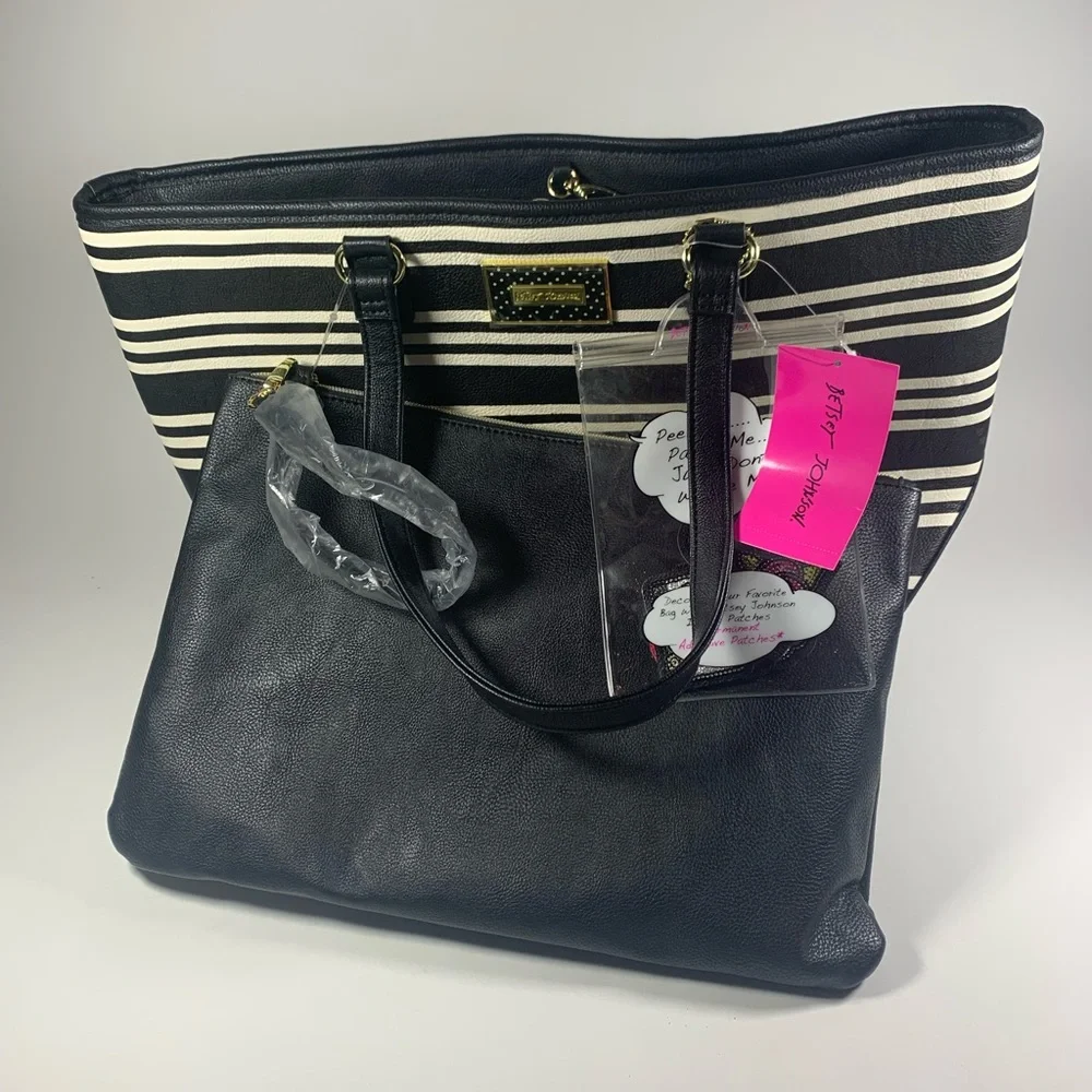 Betsey Johnson Black And White Striped Tote with Patches BRAND NEW WITH TAGS - Picture 1 of 13